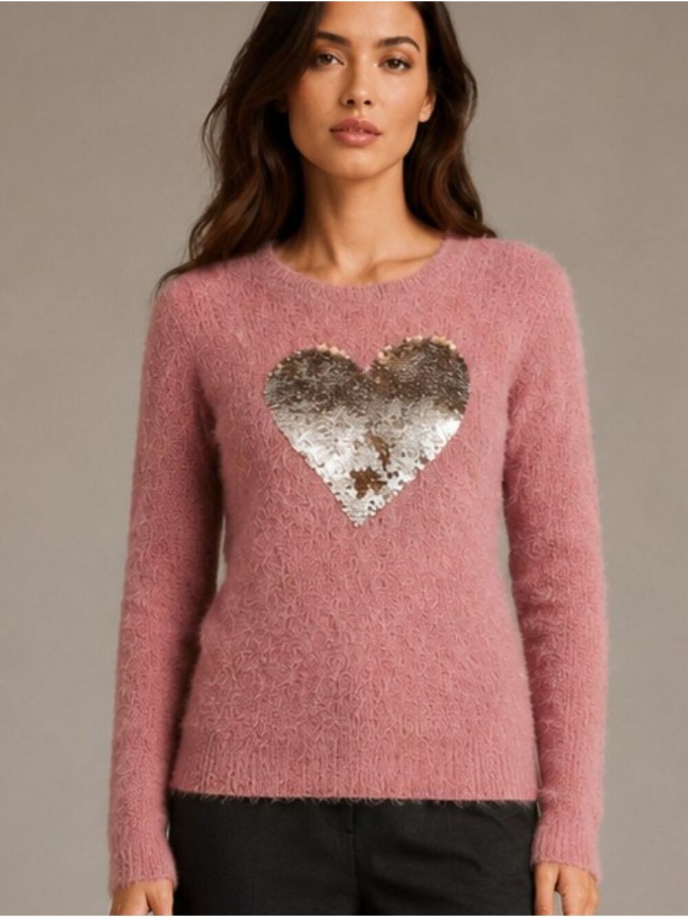 DKNY Mauve Fuzzy Sequin Heart Sweater XL (14/16)